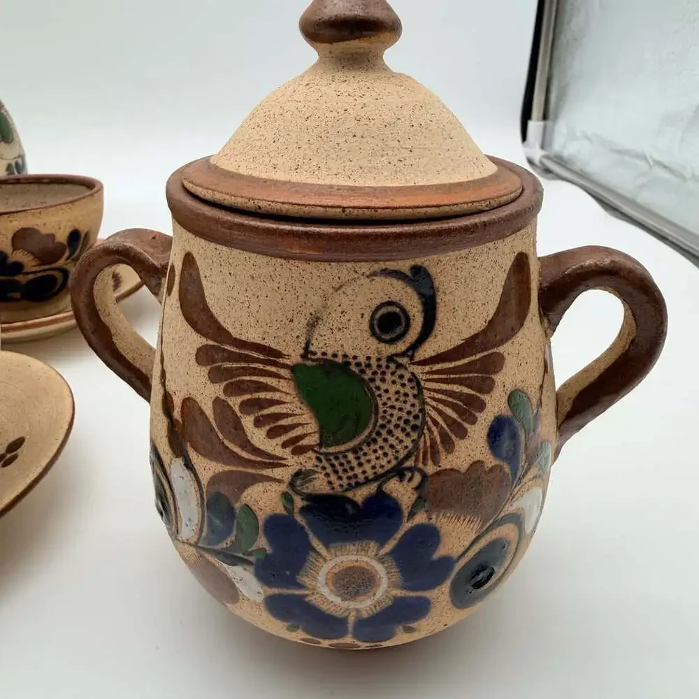 Tonala Pottery Tea Set Hand-Painted Bird Floral Mexican Folk Art